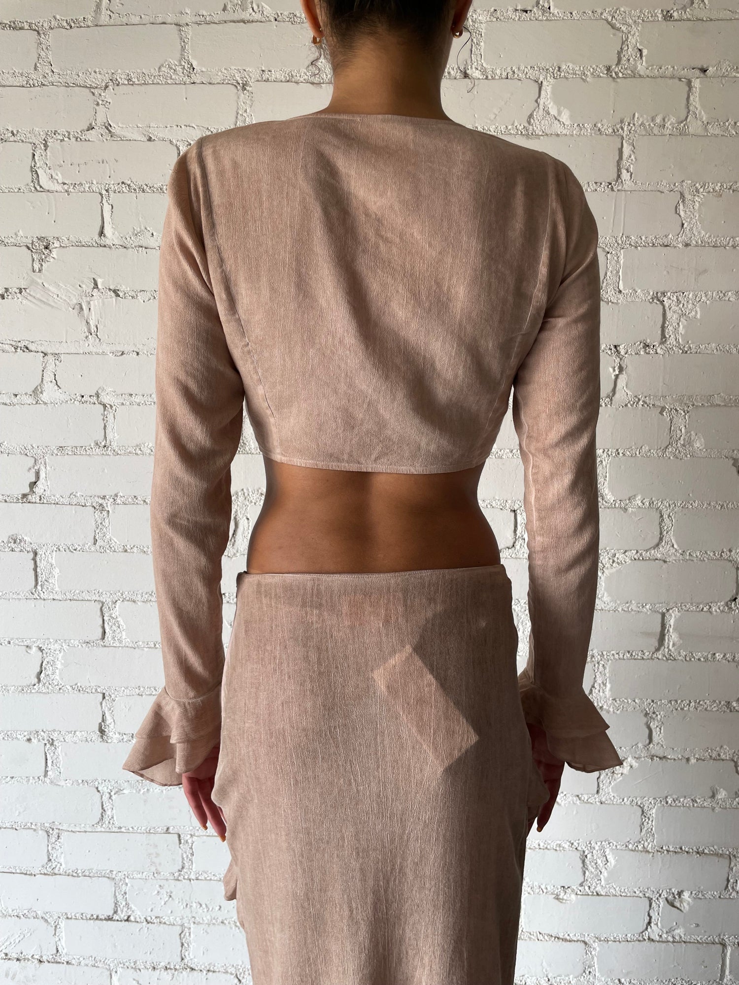 French Chic Elegant Ruffle Flare Sleeve Tie-Neck Top | Nude