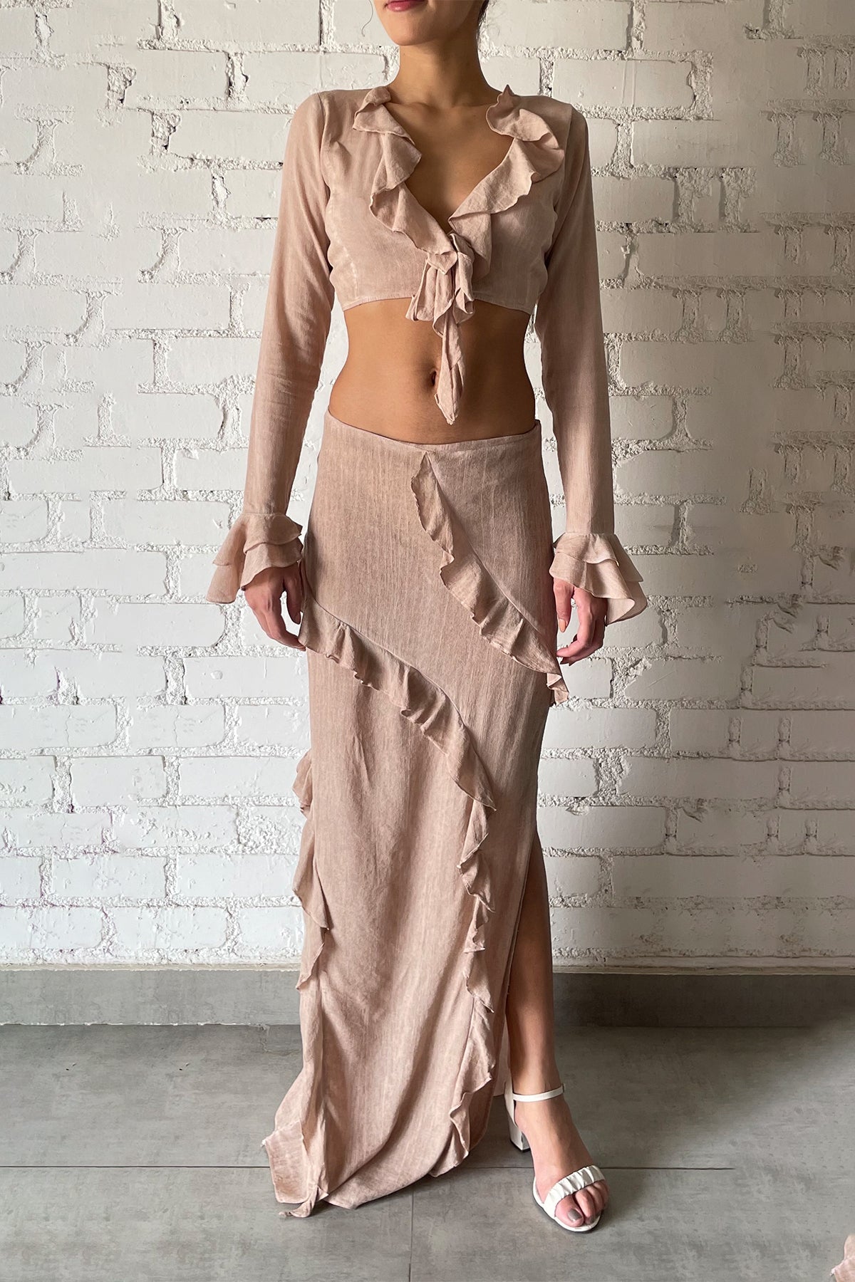 French Chic Elegant Ruffle Flare Sleeve Tie-Neck Top | Nude