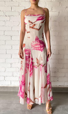Rococo Sand | Grace Polyester Crinkle Chiffon Maxi Dress | White Pink