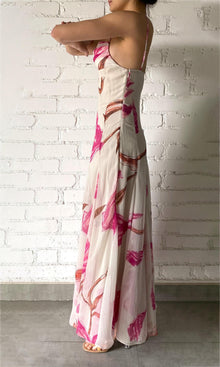 Rococo Sand | Grace Polyester Crinkle Chiffon Maxi Dress | White Pink