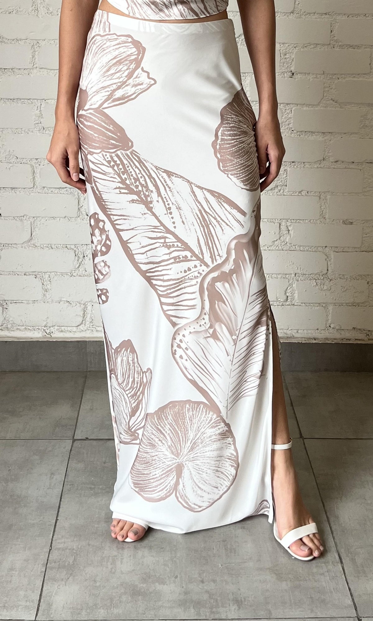 Rococo Sand | Ines Polyester Satin Lycra Long Skirt | Light Brown/White