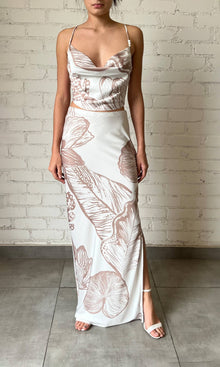 Rococo Sand | Ines Polyester Satin Lycra Long Skirt | Light Brown/White