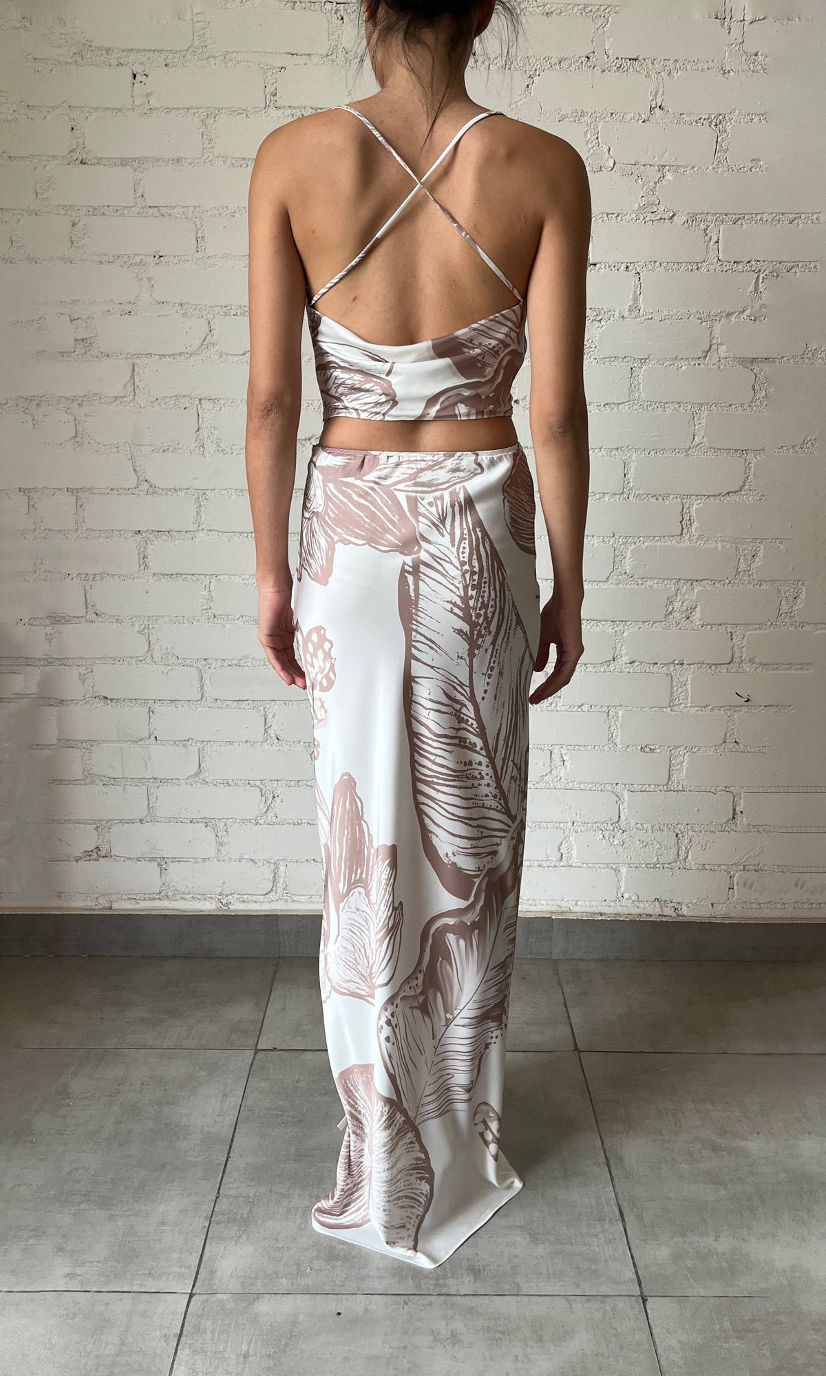 Rococo Sand | Ines Polyester Satin Lycra Long Skirt | Light Brown/White