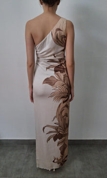 Rococo Sand | Inv Poly Satin Lycra One Shoulder Ruched Maxi Dress | Yellow