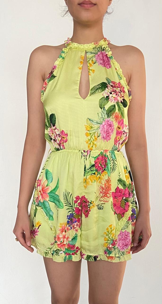 Rococo Sand | Floral Short Dress | Lime