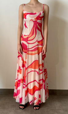 Rococo Sand | Inv Poly Chiffion Abstract Print Long Dress | Pink/White
