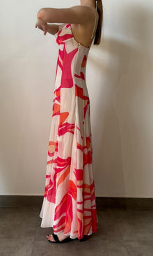 Rococo Sand | Inv Poly Chiffion Abstract Print Long Dress | Pink/White