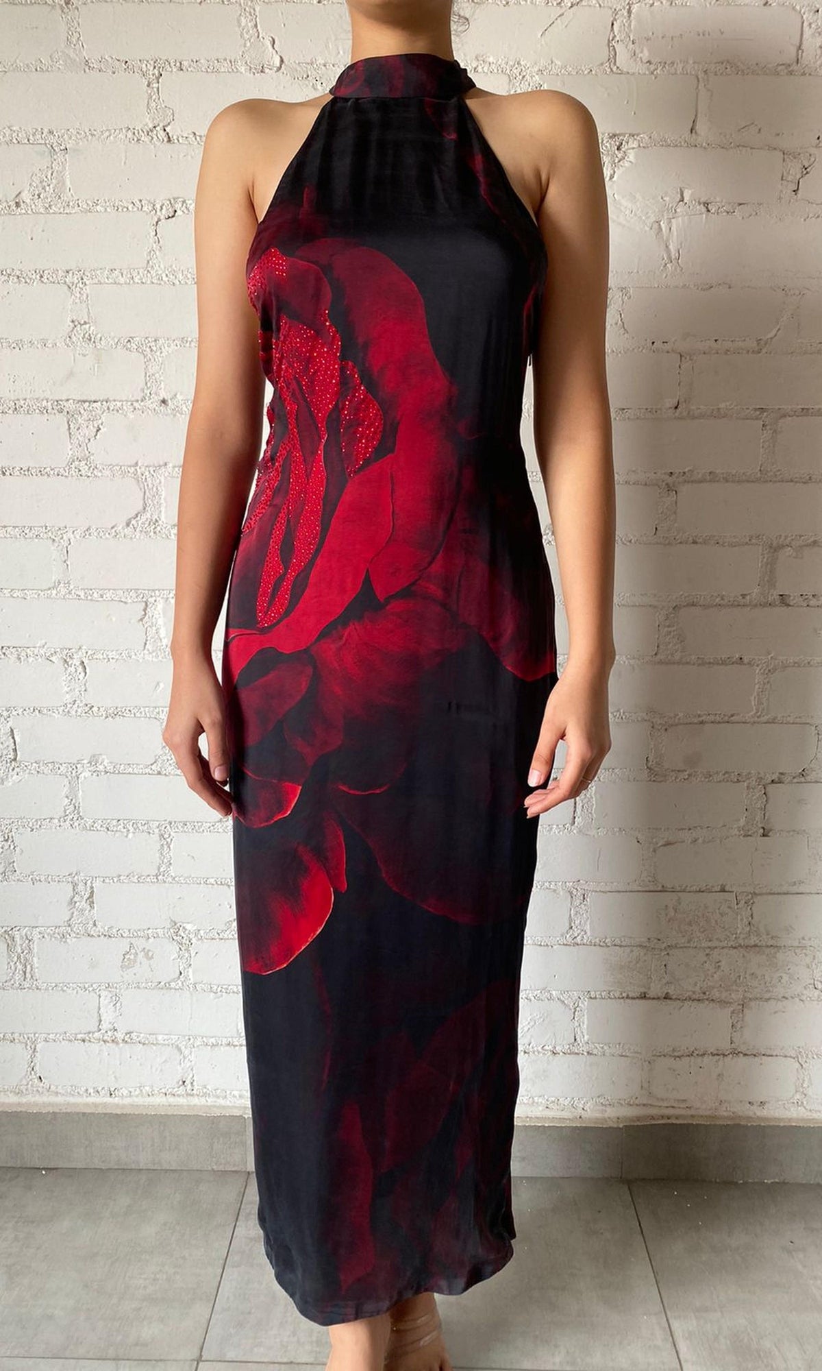 Rococo Sand | Inv Polyester Satin Long Dress | Black&Red