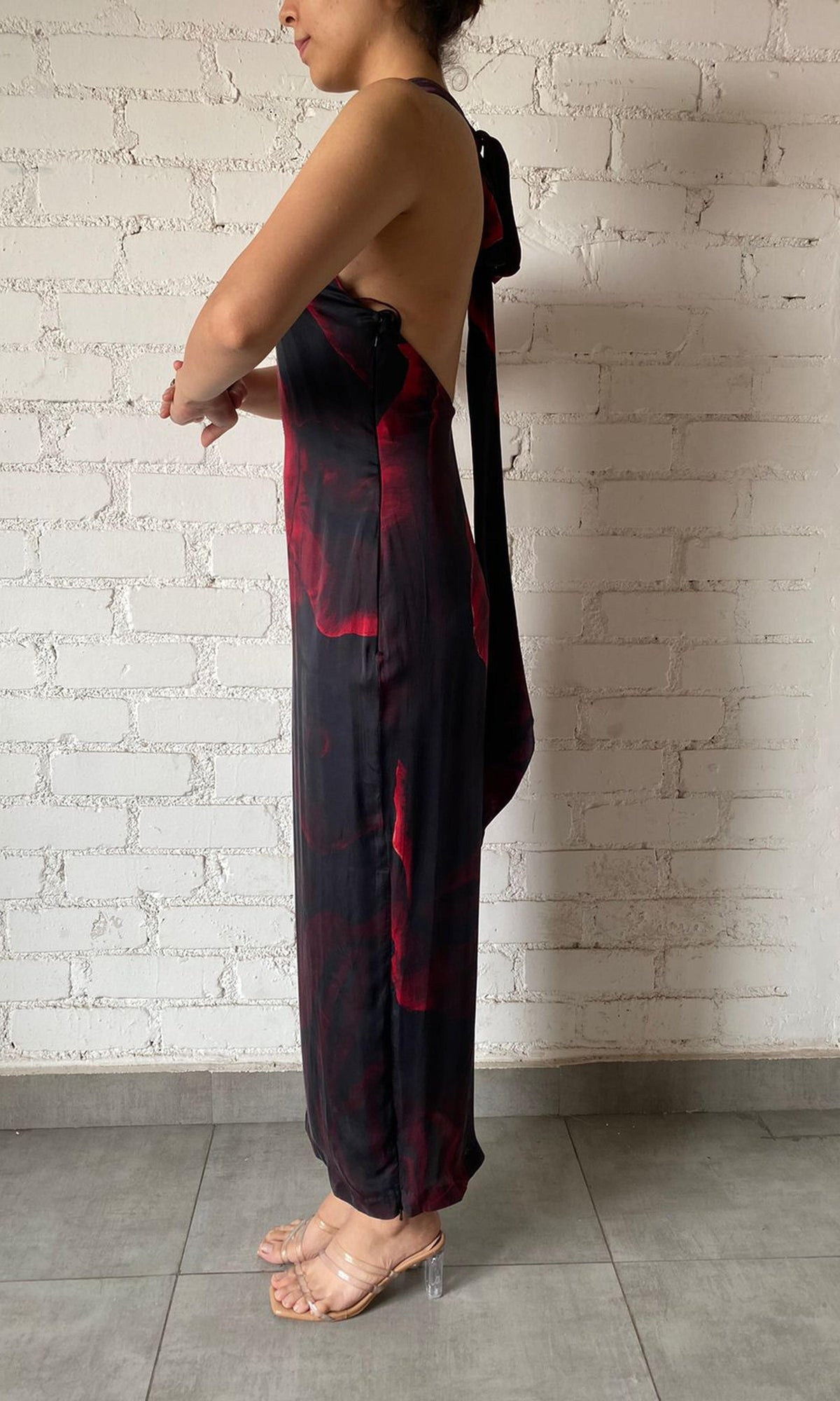 Rococo Sand | Inv Polyester Satin Long Dress | Black&Red