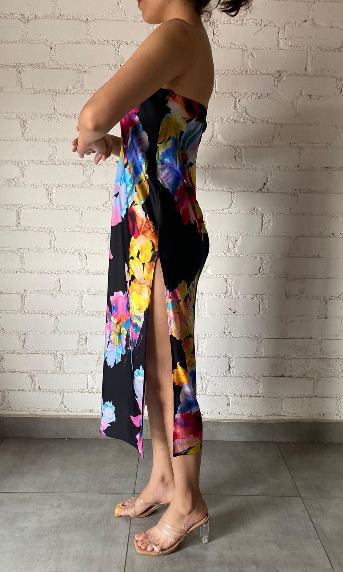 Womens | Inv Polyester Satin Midi Dress | Black Multi