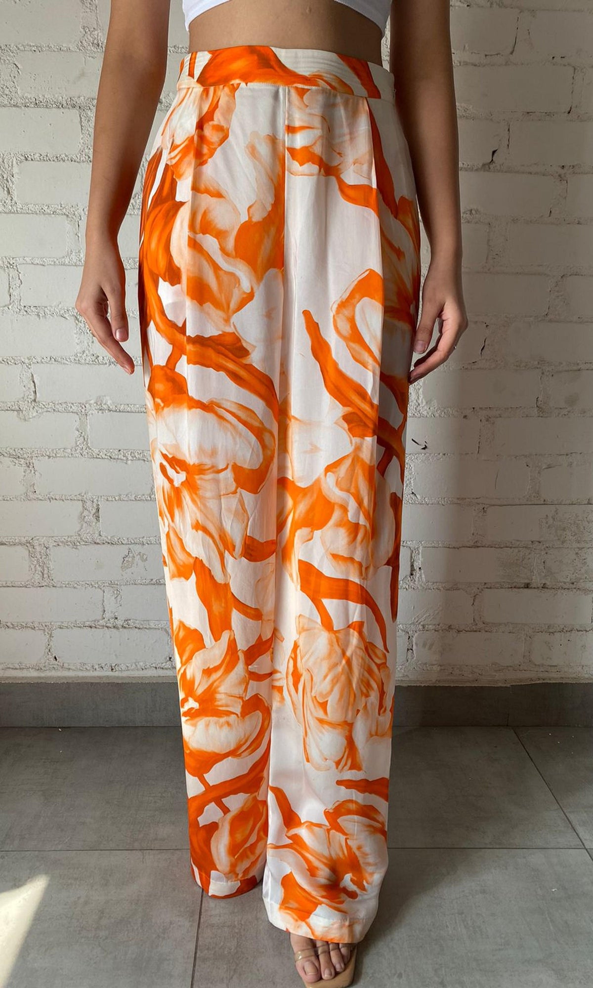 Rococo Sand | Inv Polyester Satin Lycra Pants | White Orange