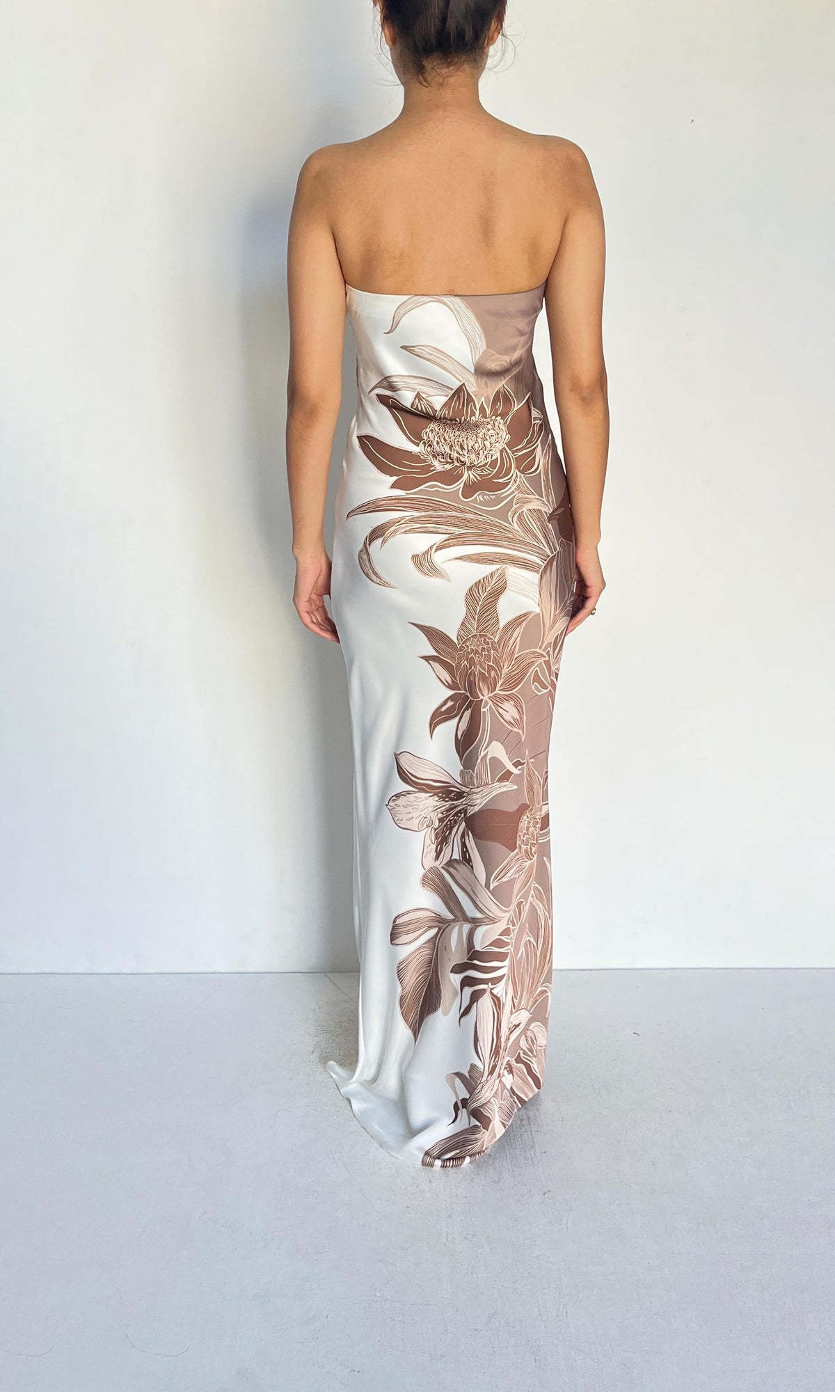 Rococo Sand | Inv Polyester Satin Strapless Maxi Dress | Brown White