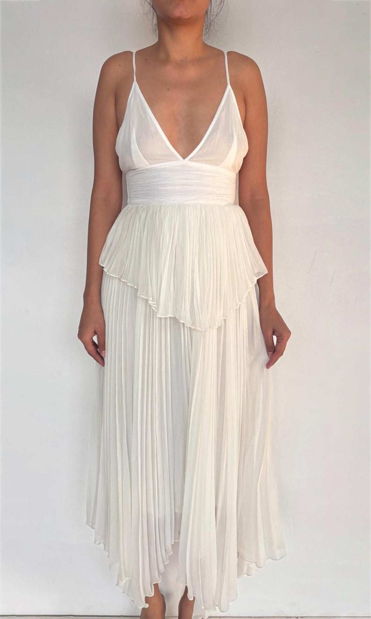 Rococo Sand | Inv Viscose Crinkle Chiffon Boho Cutout Tiered MaxiDress | White