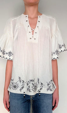 Womens | Jaci Cotton Double Cloth Gauze Eyelet Pintuck Embroidered Top | Black/White