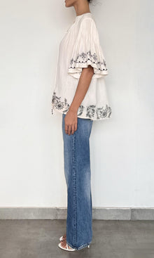 Womens | Jaci Cotton Double Cloth Gauze Eyelet Pintuck Embroidered Top | Black/White