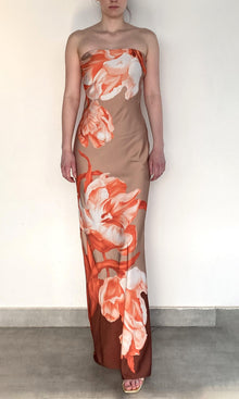 Rococo Sand | Jesse Polyester Satin Lycra Strapless Maxi Dress | Beige