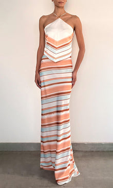 Rococo Sand | Kage Polyester Satin Lycra Maxi Skirt | Brown White