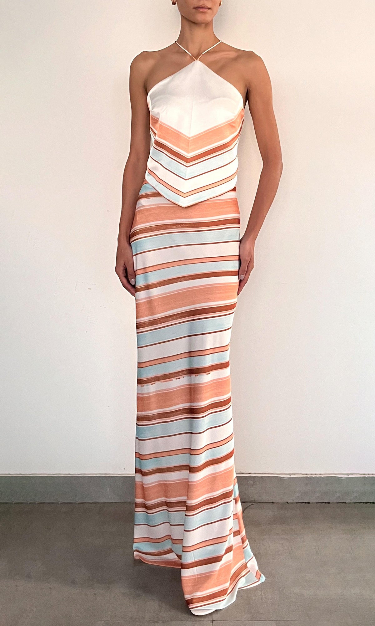 Rococo Sand | Kage Polyester Satin Lycra Maxi Skirt | Brown White