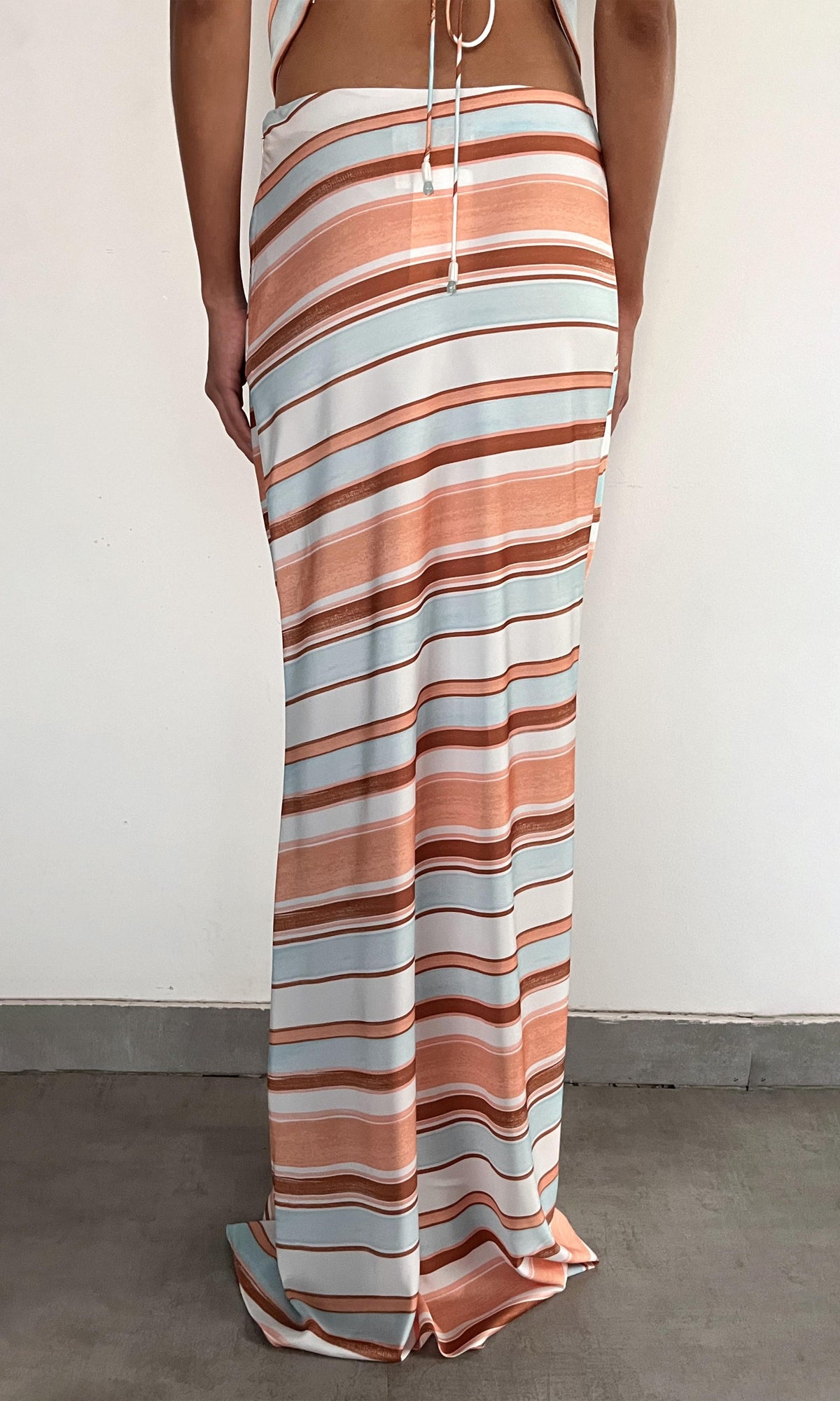 Rococo Sand | Kage Polyester Satin Lycra Maxi Skirt | Brown White