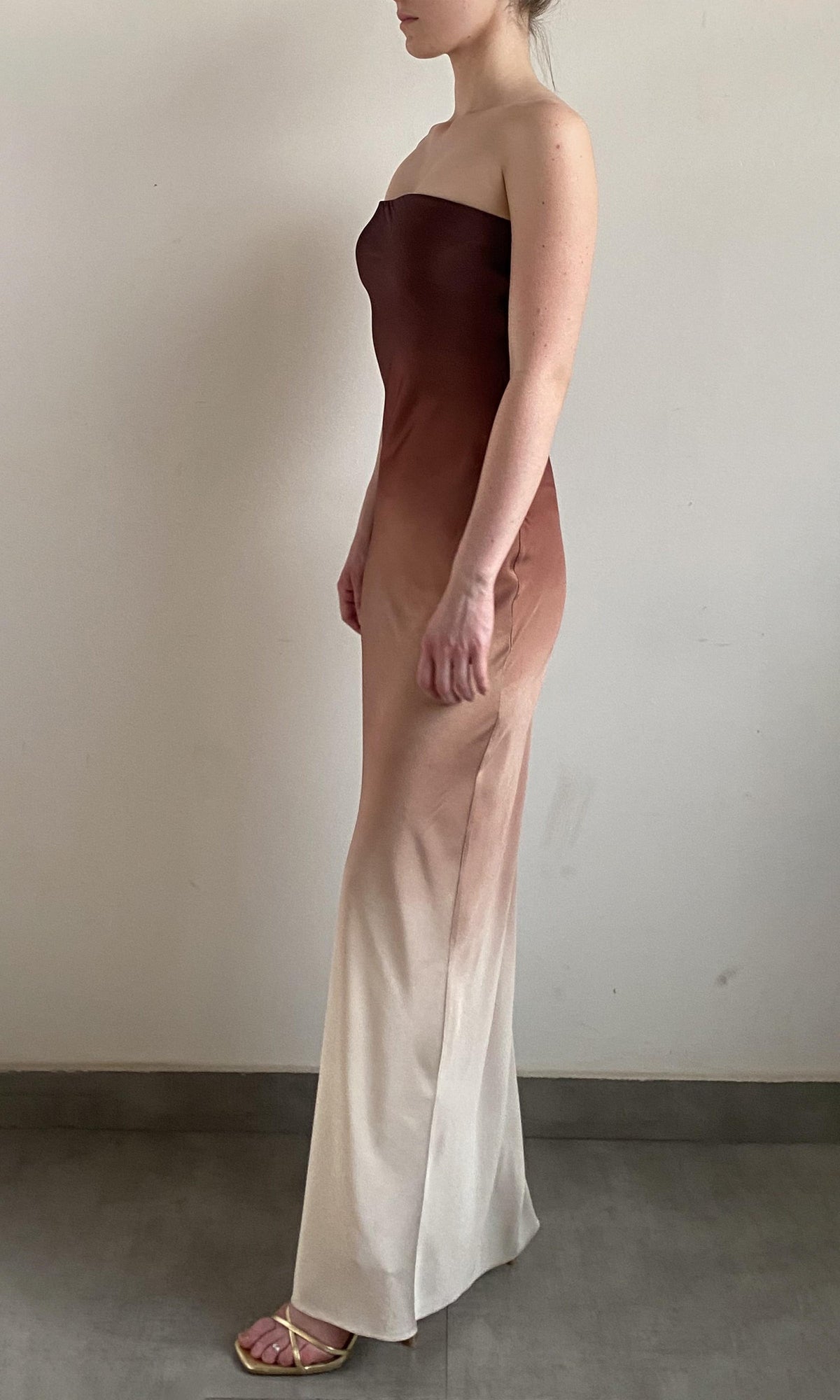 Rococo Sand | Kara Polyester Satin Lycra Long Dress | Brown/Beige