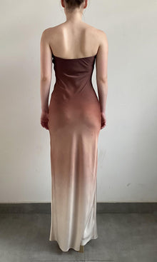 Rococo Sand | Kara Polyester Satin Lycra Long Dress | Brown/Beige