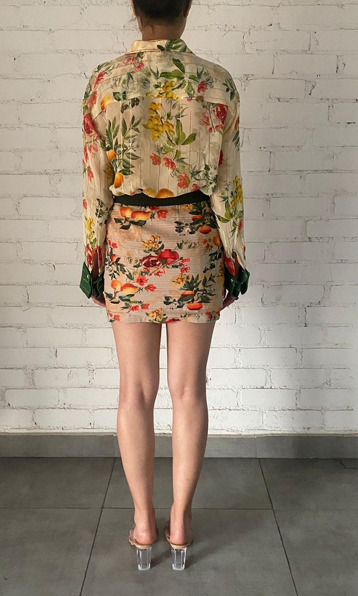 Rococo Sand | Katy Viscose Georgette Thick Stripe Lurex Shirt | Beige/Green Floral