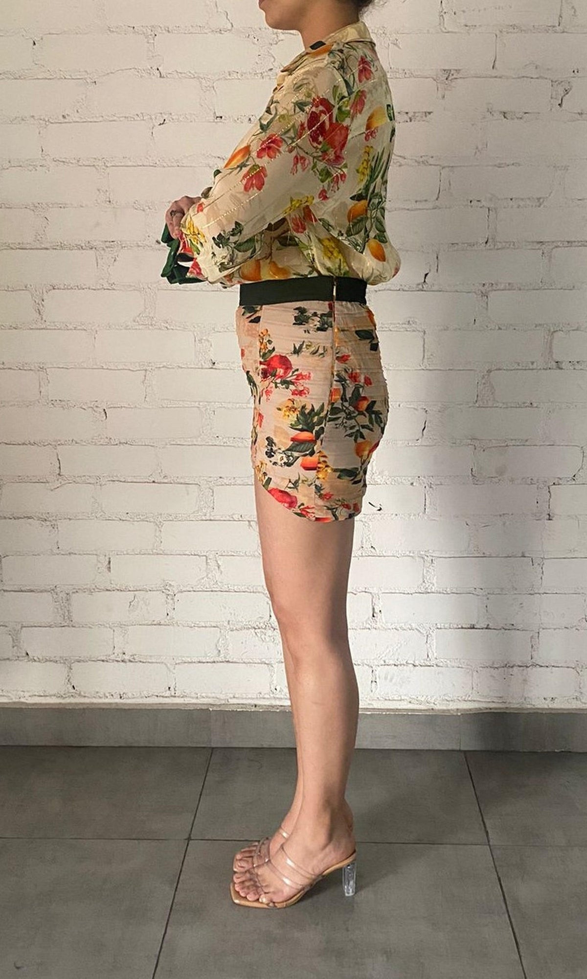 Rococo Sand | Katy Viscose Georgette Thick Stripe Lurex Shirt | Beige/Green Floral