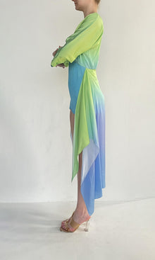 Rococo Sand | Kiki Polyester Satin Long Dress | Vibrant Green/Blue