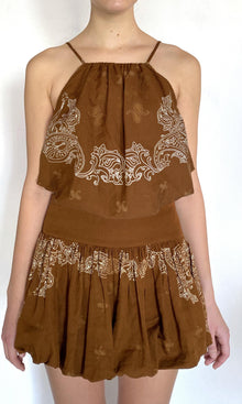 Rococo Sand | Kira Linen Cotton Square Neck Bubble Top | Brown