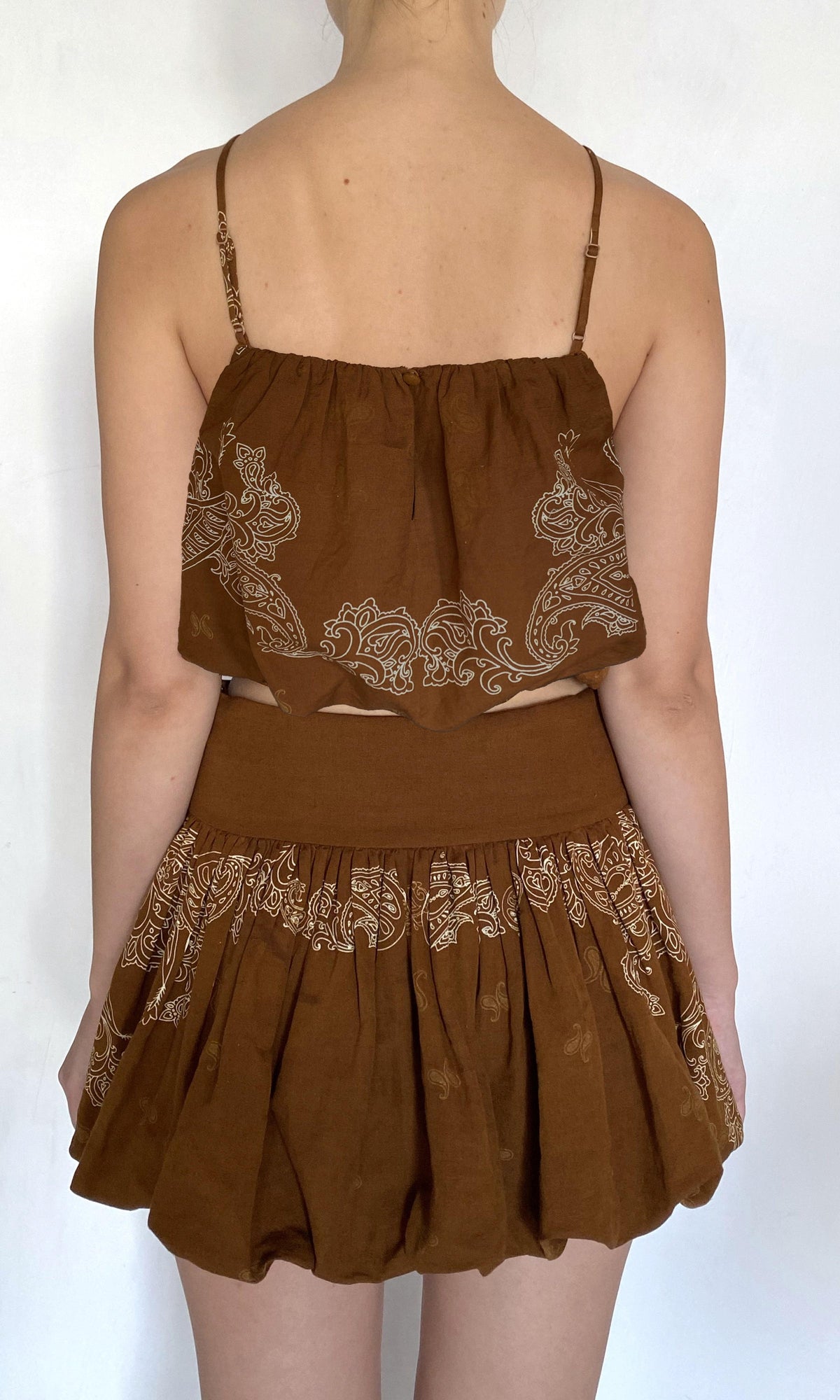 Rococo Sand | Kira Linen Cotton Square Neck Bubble Top | Brown