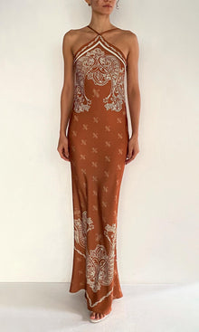 Rococo Sand | Kira Polyester Double Satin Bias Halter Maxi Dress | Brown