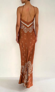 Rococo Sand | Kira Polyester Double Satin Bias Halter Maxi Dress | Brown