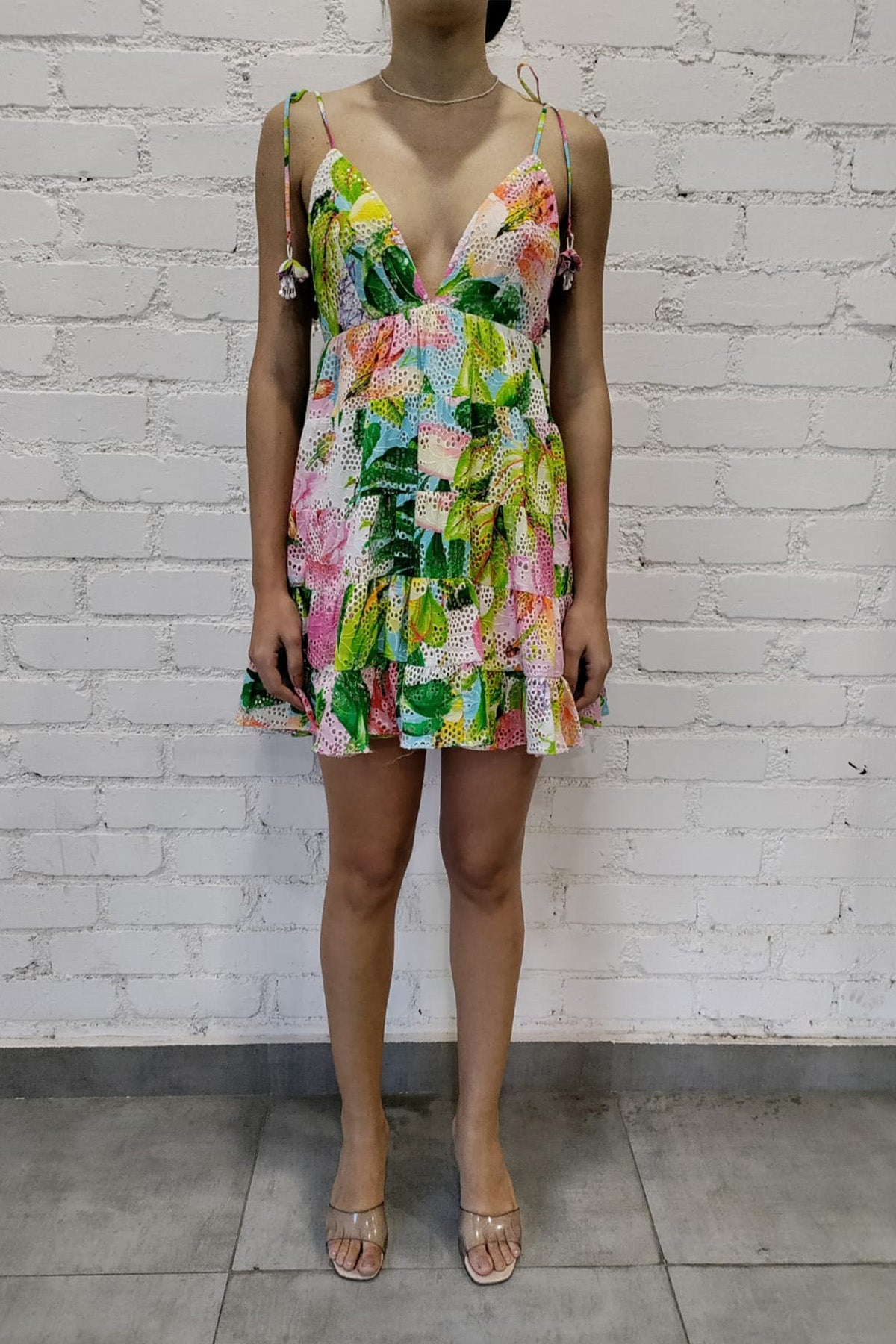 V-Neck Short Dress | Multicolor Hibiscus