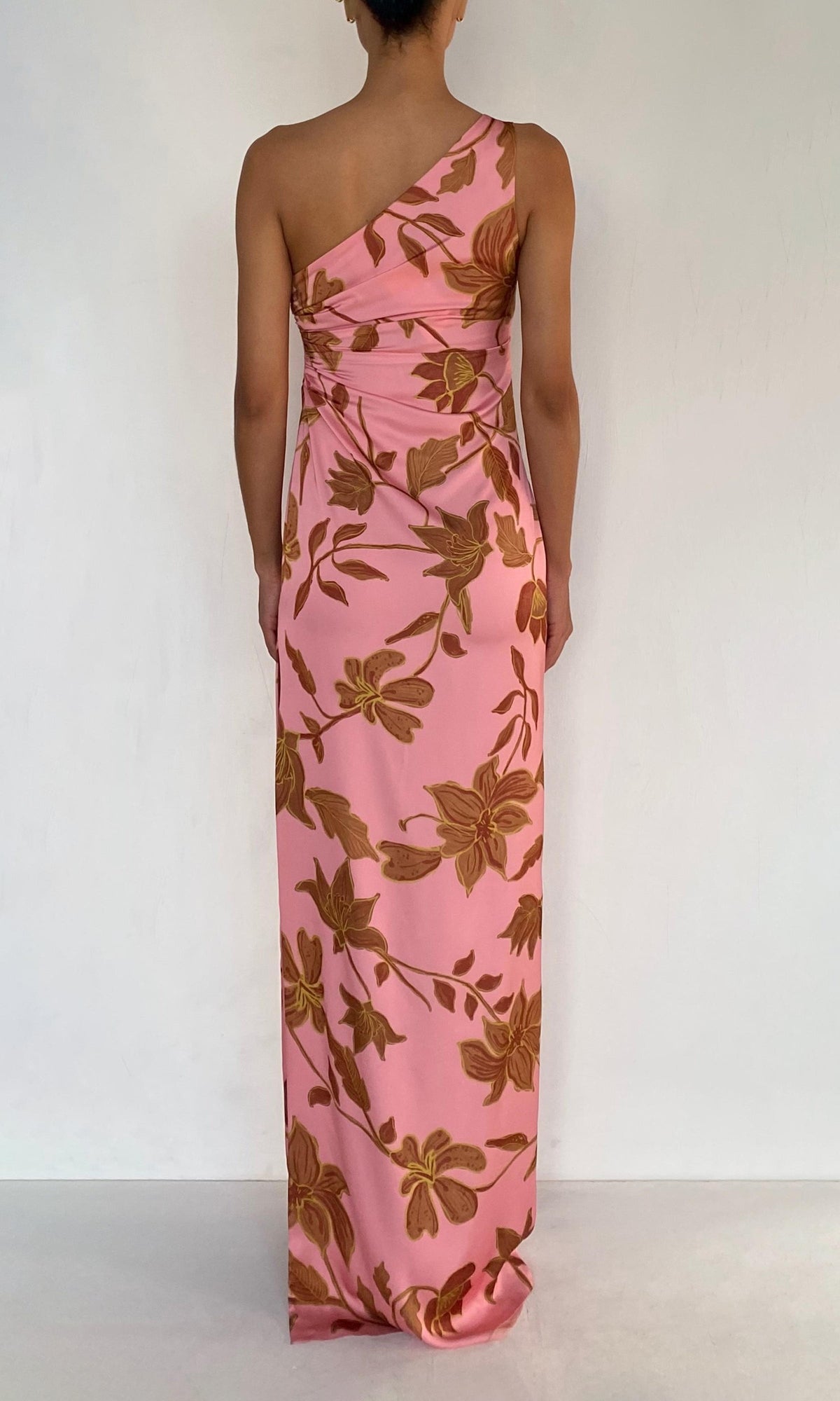 Rococo Sand | Mae Polyester Satin Lycra One Shoulder Ruched Maxi Dress | Peach