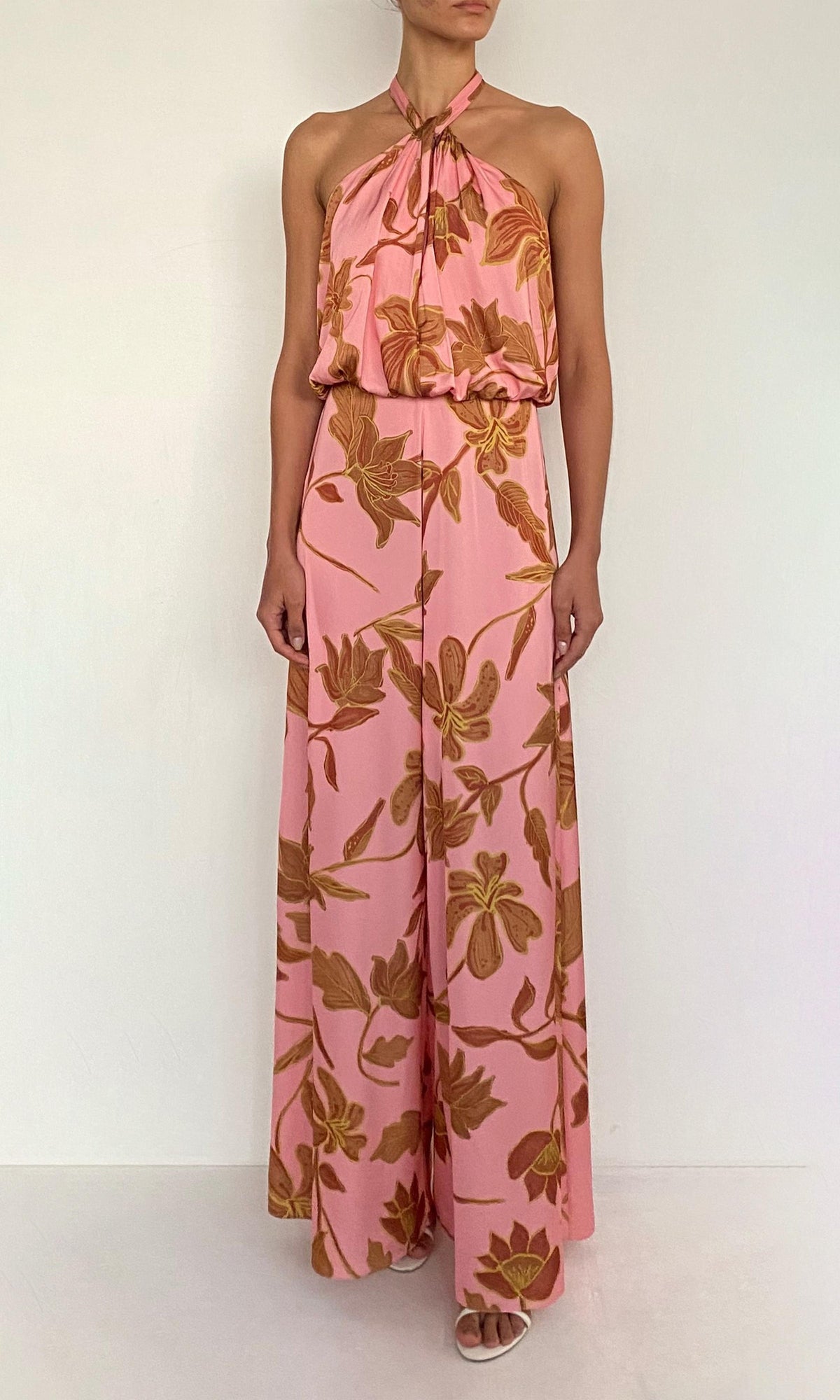 Rococo Sand | Mae Polyester Satin Lycra Halter Jumpsuit With Back Sash Tie | Peach