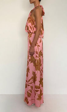 Rococo Sand | Mae Polyester Satin Lycra Halter Jumpsuit With Back Sash Tie | Peach