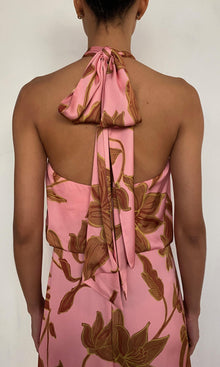 Rococo Sand | Mae Polyester Satin Lycra Halter Jumpsuit With Back Sash Tie | Peach