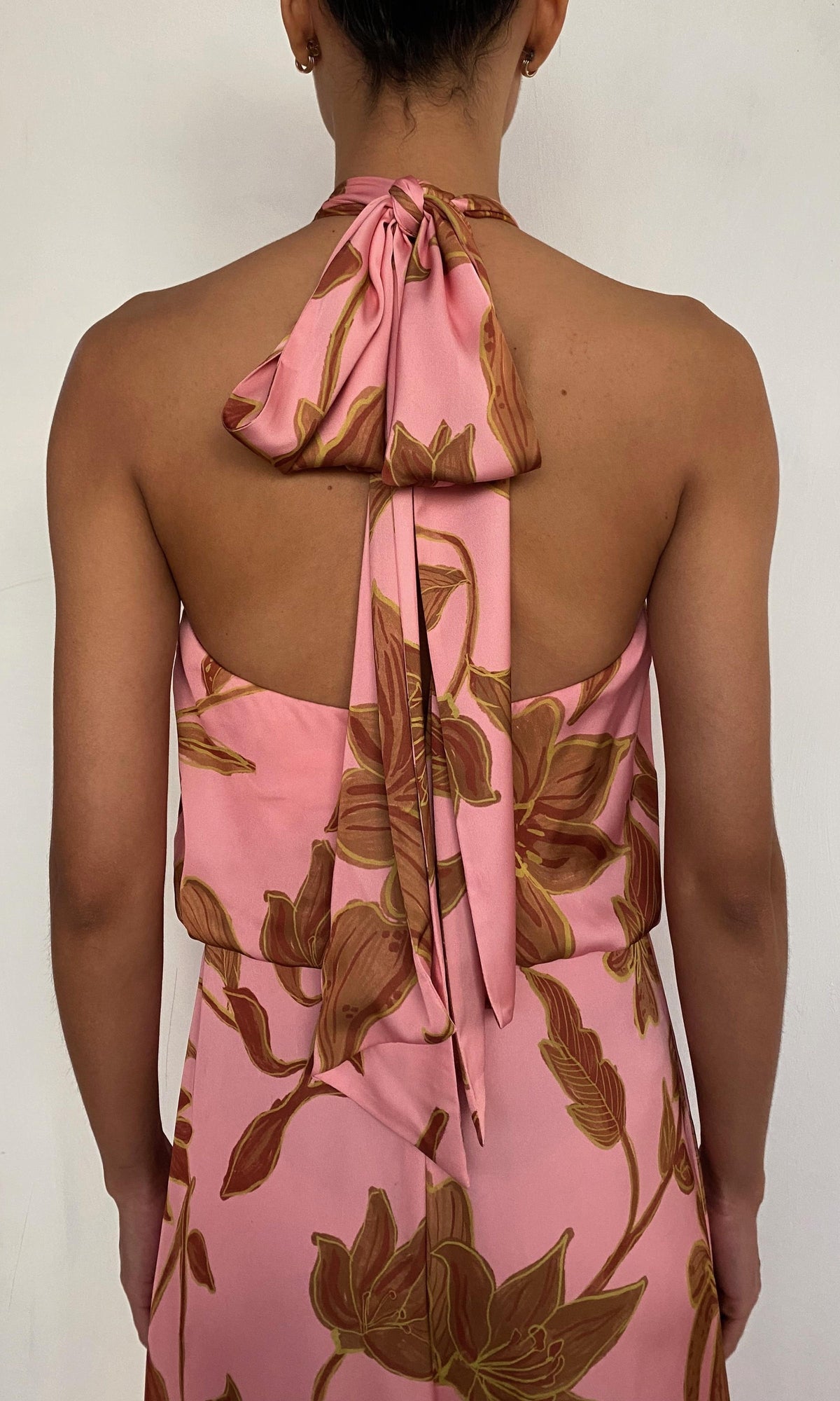 Rococo Sand | Mae Polyester Satin Lycra Halter Jumpsuit With Back Sash Tie | Peach