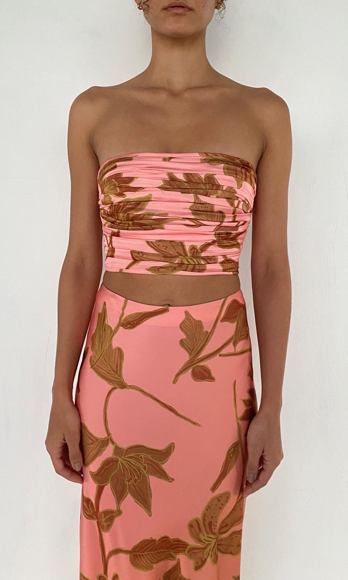 Rococo Sand | Mae Polyester Satin Lycra Ruched Bustier | Peach