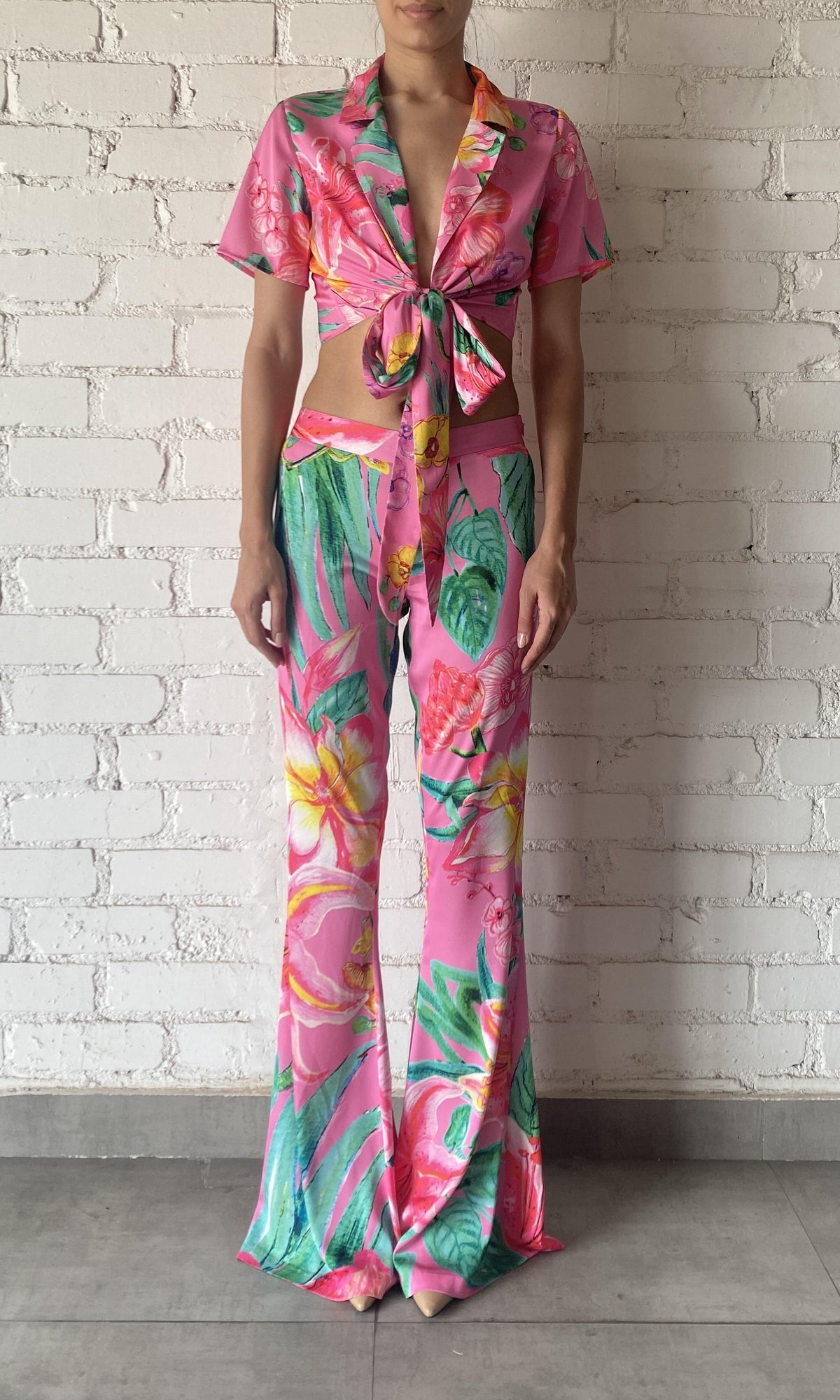 Rococo Sand | Megan Polyester Satin Lycra Pant | Pink Floral