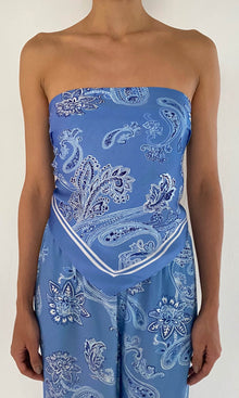 Rococo Sand | Navy Bemberg Cupro Satin Scarf Top | Light Blue
