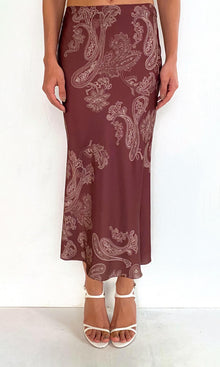 Rococo Sand | Orla Polyester Satin Lycra Midi Skirt | Brown Beige