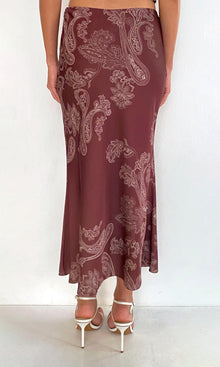 Rococo Sand | Orla Polyester Satin Lycra Midi Skirt | Brown Beige