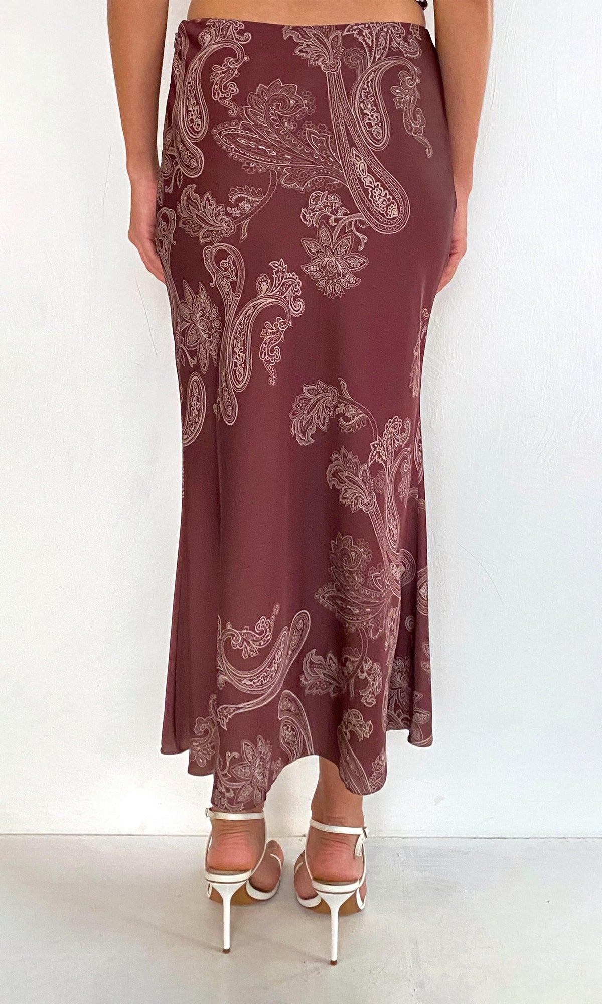 Rococo Sand | Orla Polyester Satin Lycra Midi Skirt | Brown Beige