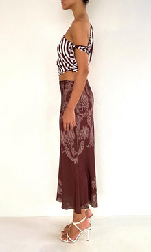Rococo Sand | Orla Polyester Satin Lycra Midi Skirt | Brown Beige