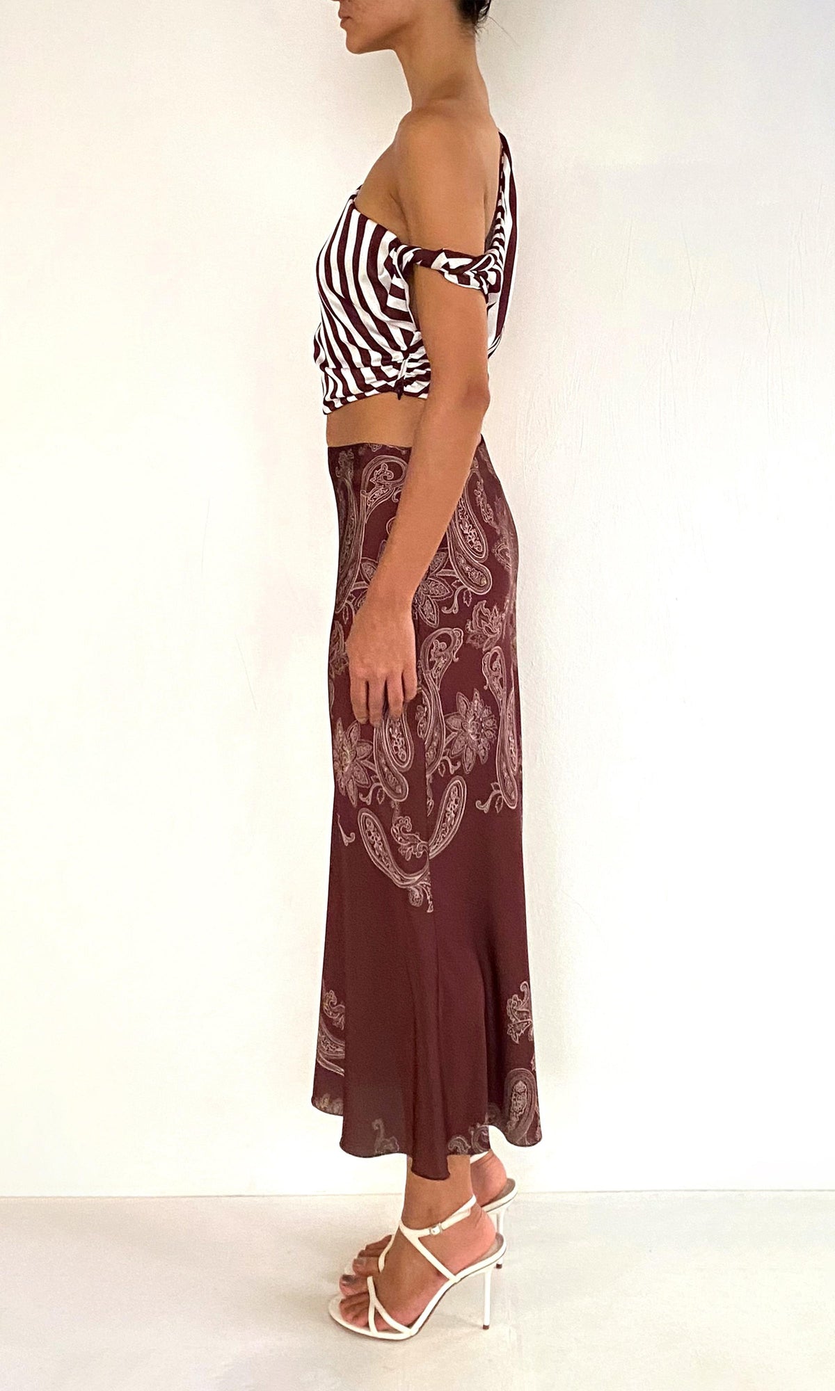 Rococo Sand | Orla Polyester Satin Lycra Midi Skirt | Brown Beige