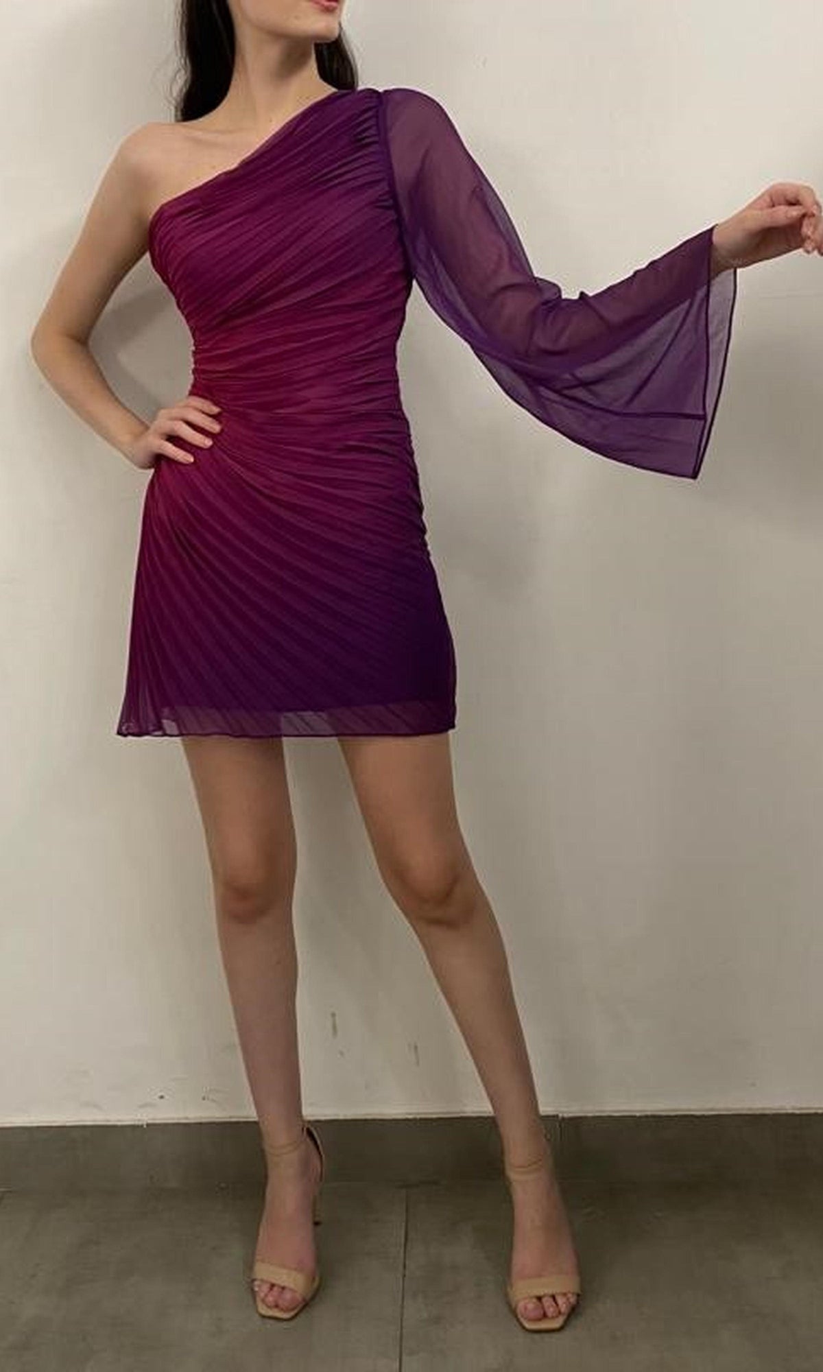 Rococo Sand | Paige Poly Chiffon Short Dress With Sleeve | Pink/Purple