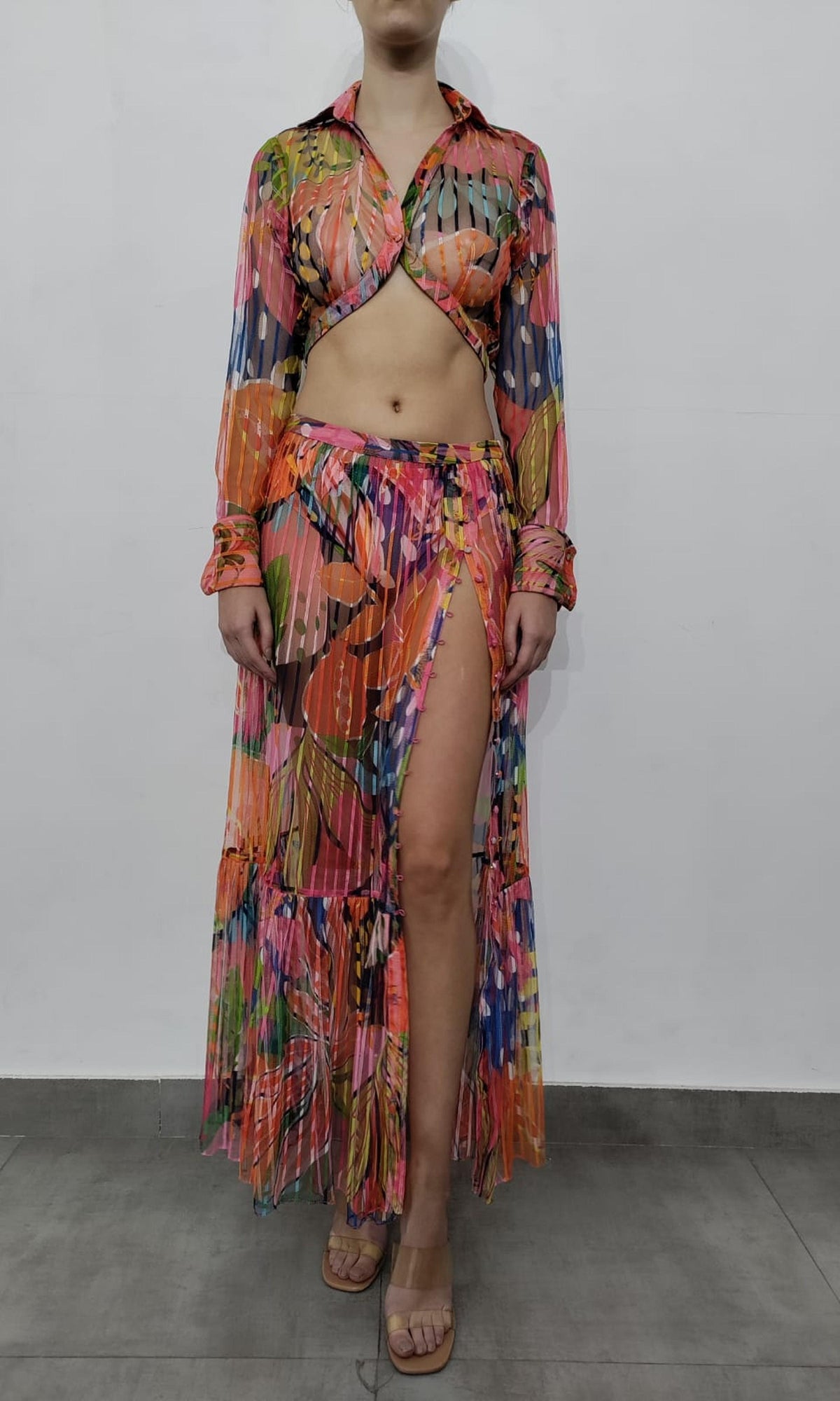 Rococo Sand | Plum Polyester Stripe Net Long Skirt | Multi