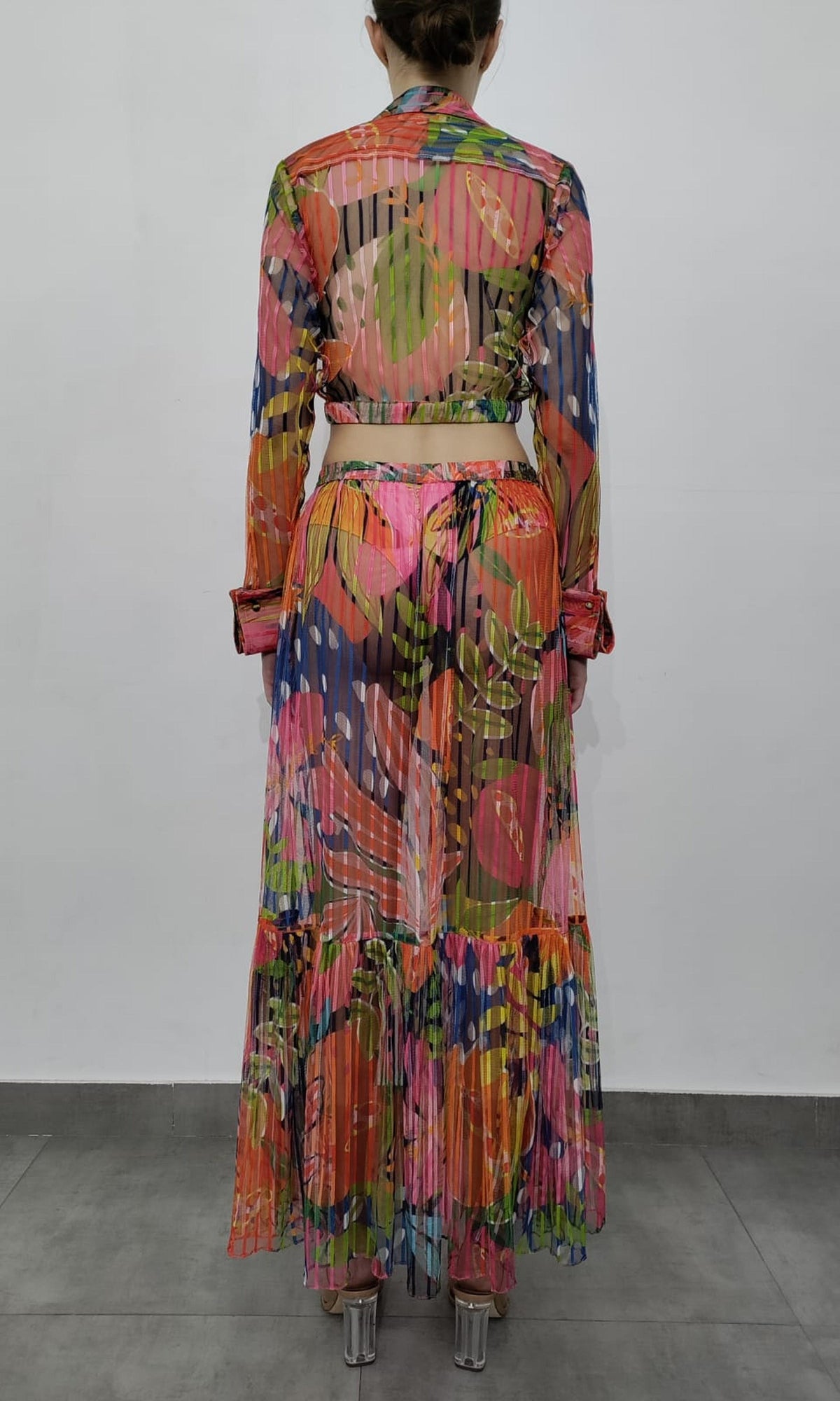 Rococo Sand | Plum Polyester Stripe Net Long Skirt | Multi