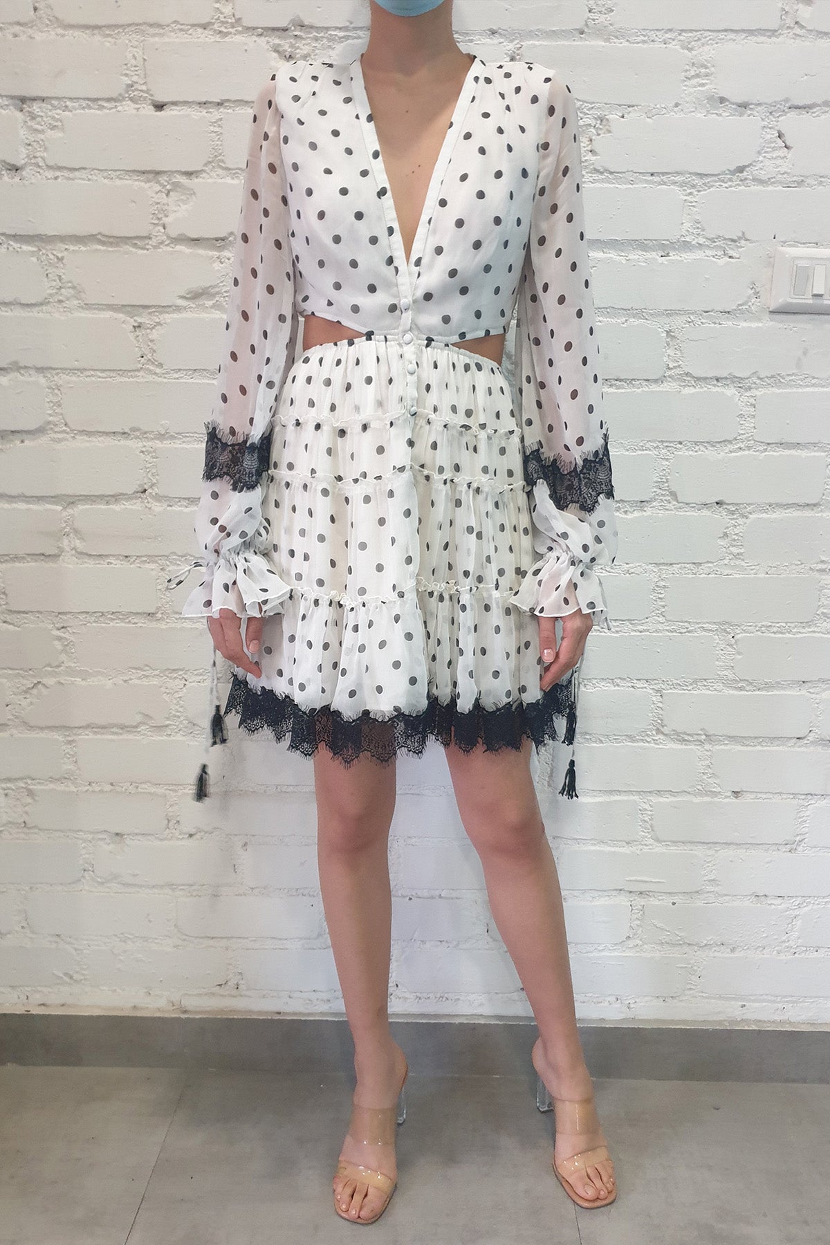 Pois V-Neck Long Sleeve Short Dress | White/Black